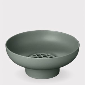 miyabi wide green ceramic footed vase with flower frog grid 9"