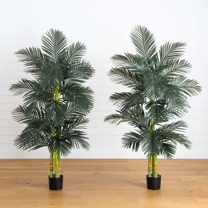 6’ artificial triple stalk golden cane palm tree set of 2